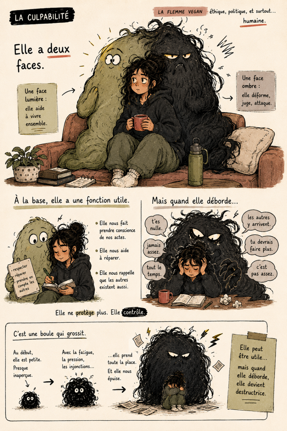 La culpabilité — page 2 de la chronique illustrée La Flemme Vegan