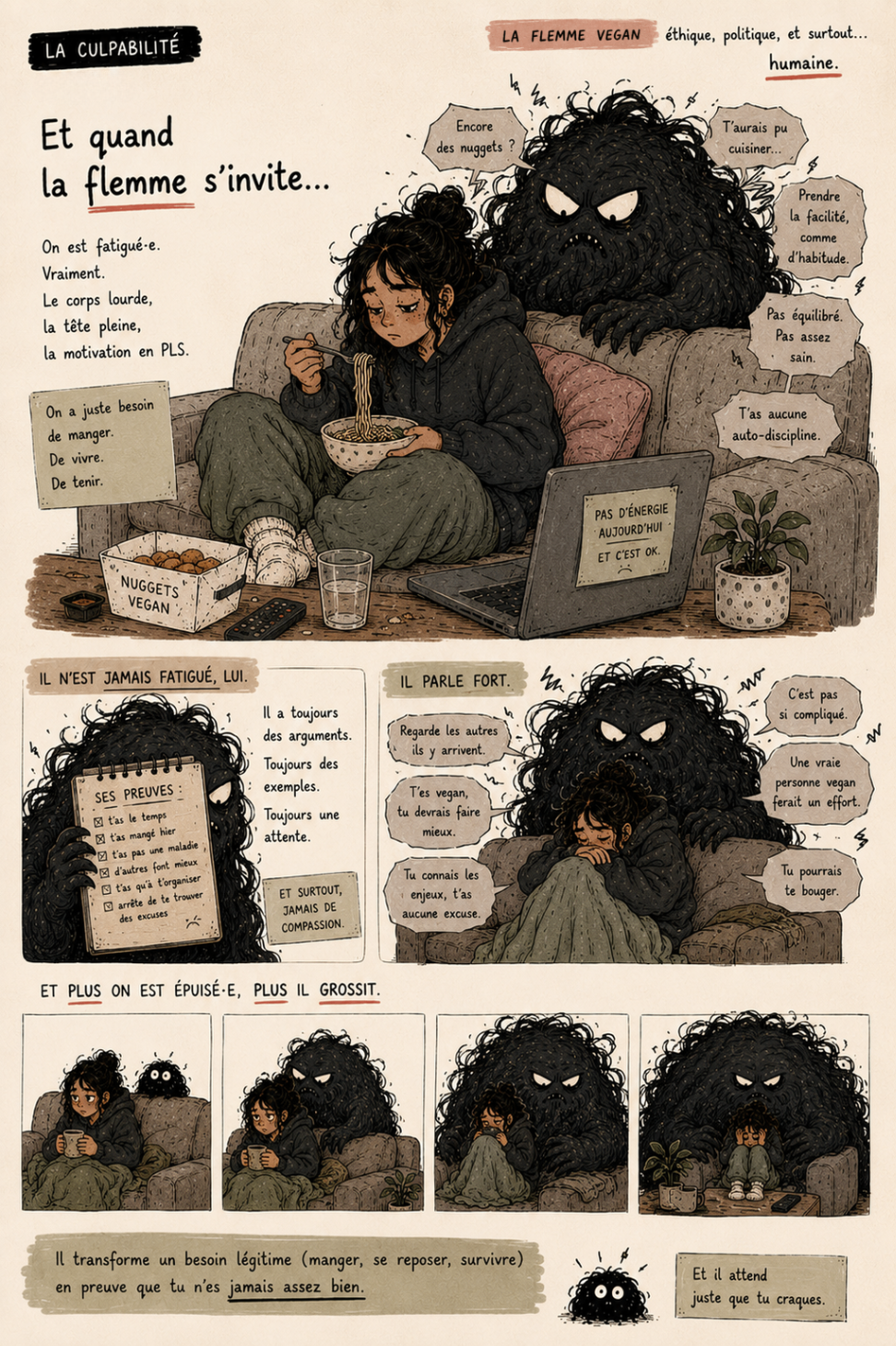 La culpabilité — page 4 de la chronique illustrée La Flemme Vegan