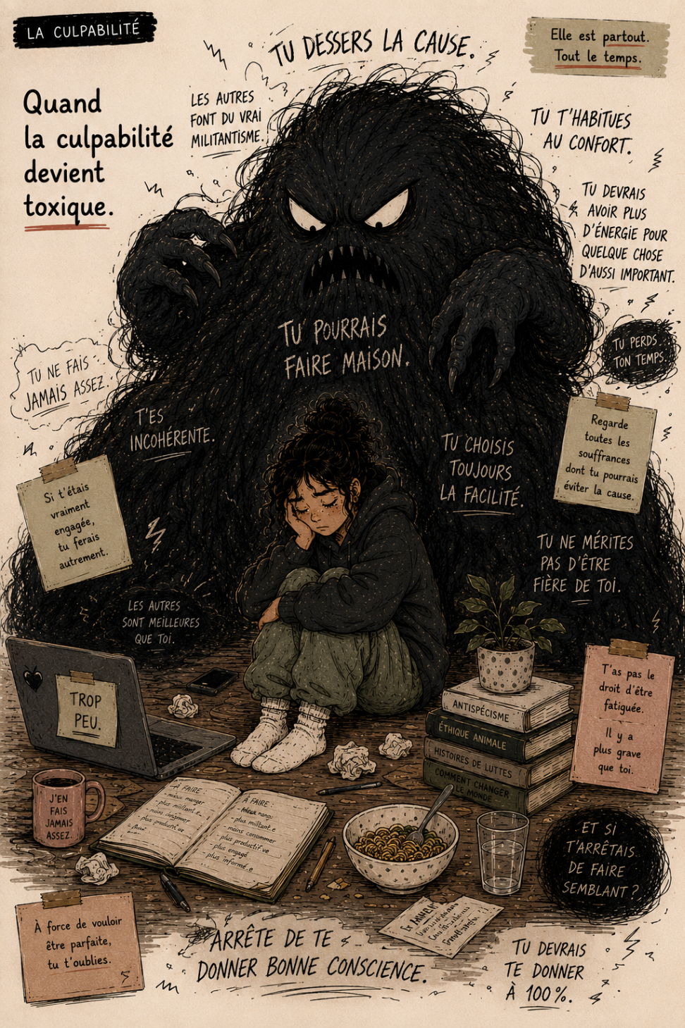 La culpabilité — page 5 de la chronique illustrée La Flemme Vegan